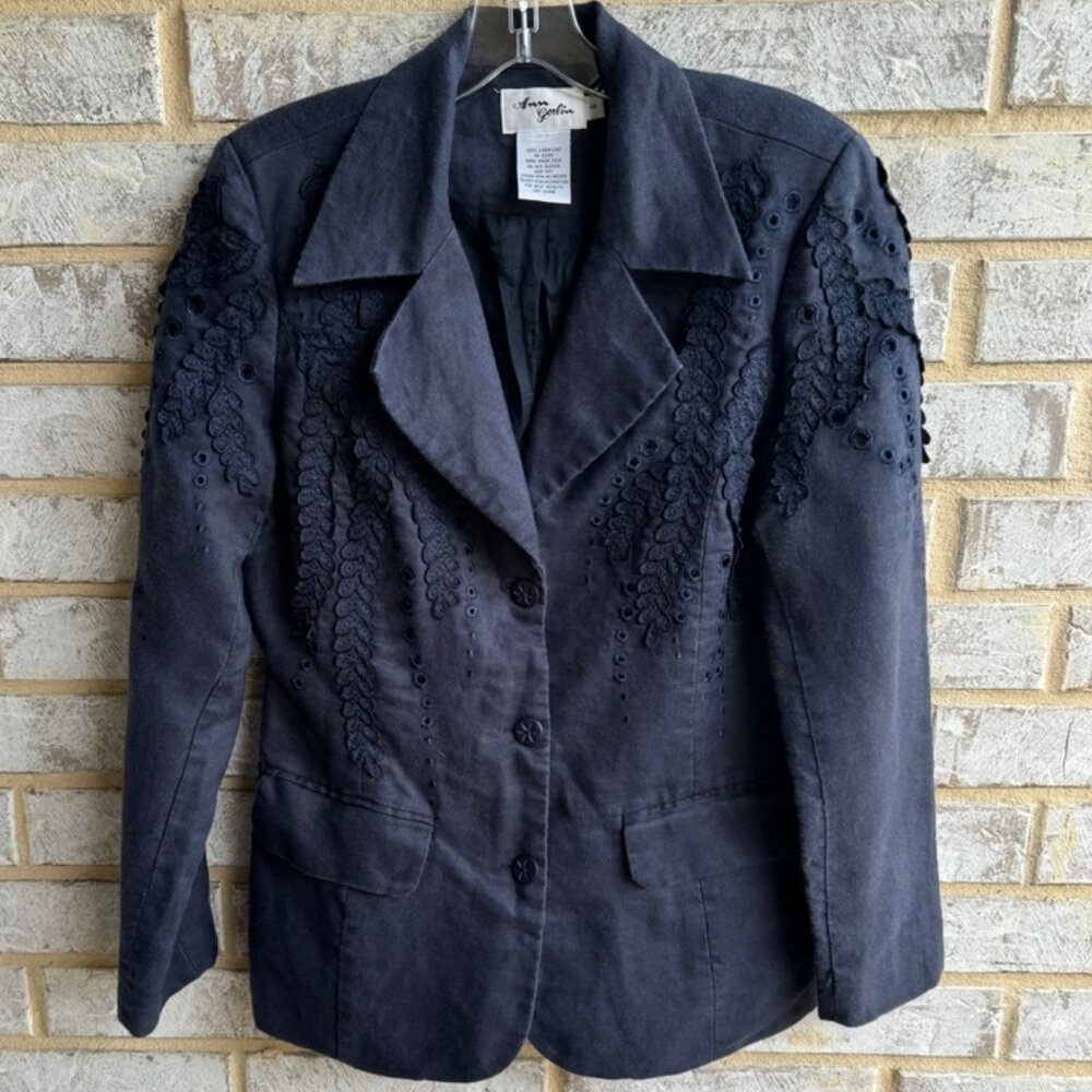 Vintage Ann Gerlin 100% Linen Deep Blue Jacket Women's Size 6.